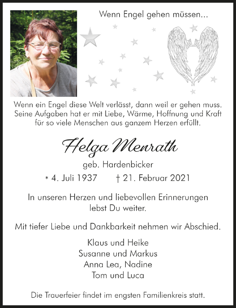  Traueranzeige für Helga Menrath vom 26.02.2021 aus  Bergisches Handelsblatt 