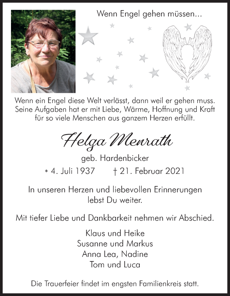  Traueranzeige für Helga Menrath vom 26.02.2021 aus Kölner Stadt-Anzeiger / Kölnische Rundschau / Express
