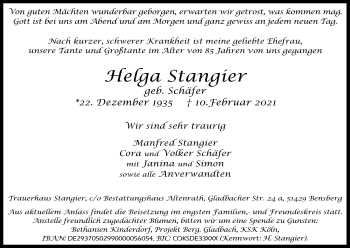 Anzeige von Helga Stangier von Kölner Stadt-Anzeiger / Kölnische Rundschau / Express