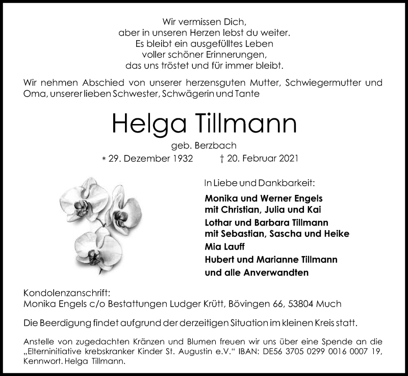  Traueranzeige für Helga Tillmann vom 27.02.2021 aus Kölner Stadt-Anzeiger / Kölnische Rundschau / Express