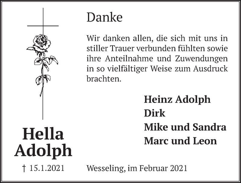  Traueranzeige für Hella Adolph vom 12.02.2021 aus  Schlossbote/Werbekurier 
