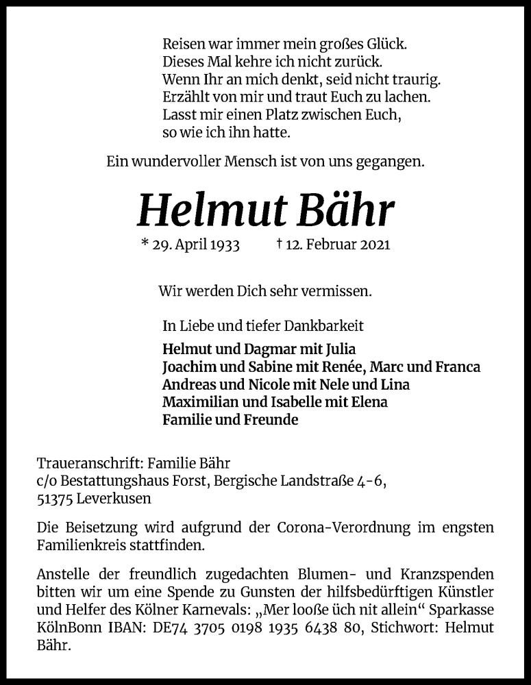  Traueranzeige für Helmut Bähr vom 20.02.2021 aus Kölner Stadt-Anzeiger / Kölnische Rundschau / Express