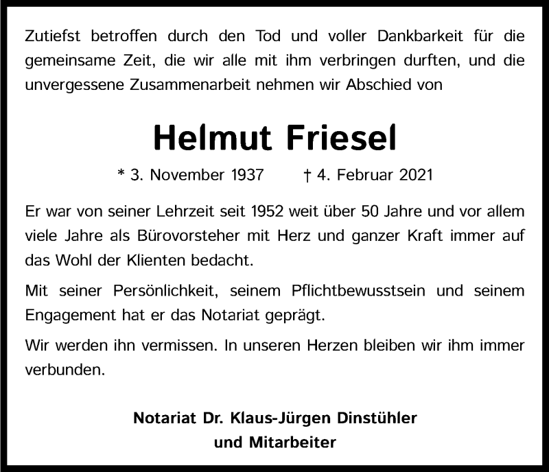  Traueranzeige für Helmut Friesel vom 13.02.2021 aus Kölner Stadt-Anzeiger / Kölnische Rundschau / Express