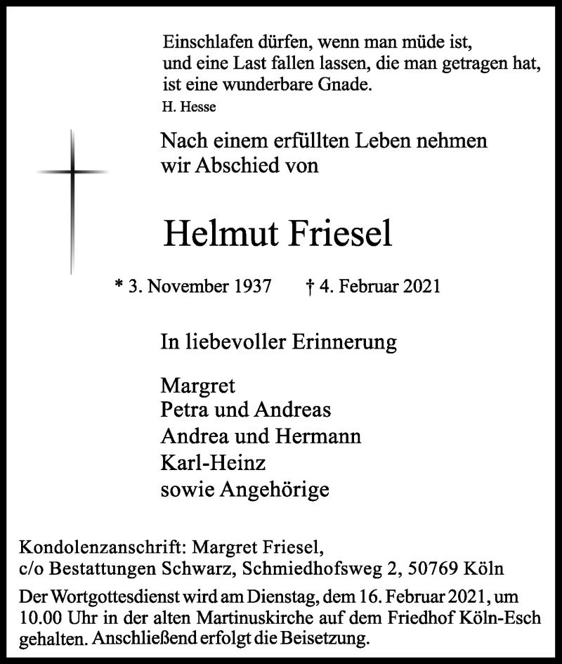  Traueranzeige für Helmut Friesel vom 13.02.2021 aus Kölner Stadt-Anzeiger / Kölnische Rundschau / Express