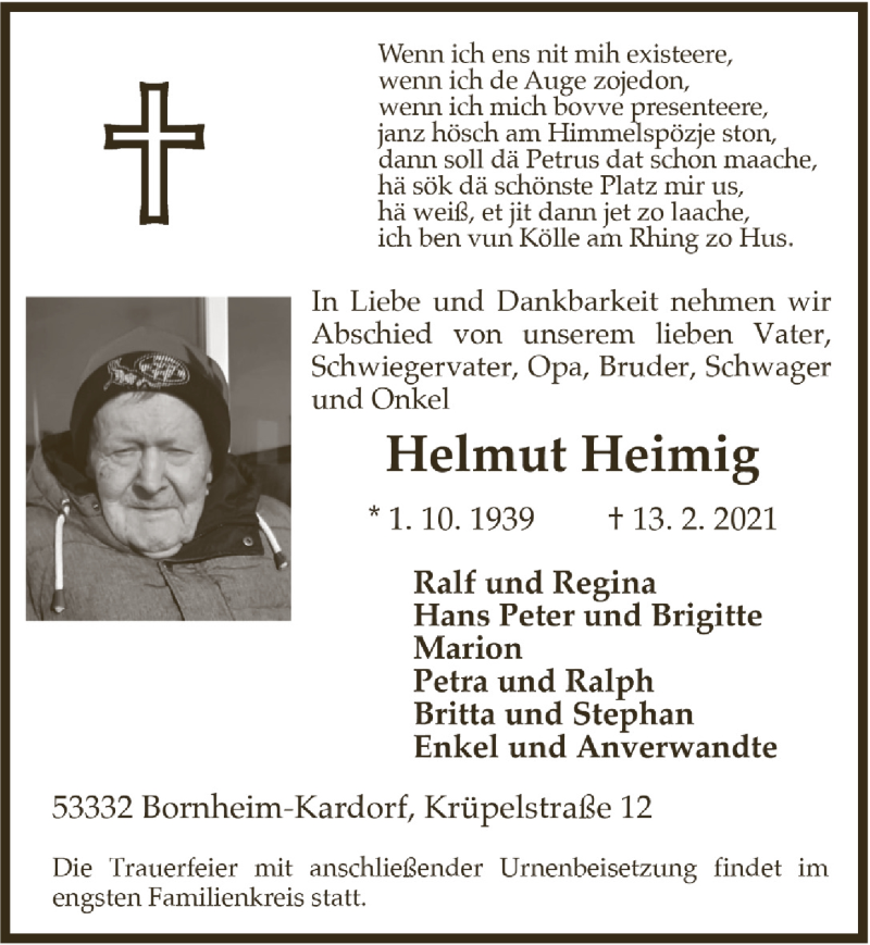  Traueranzeige für Helmut Heimig vom 19.02.2021 aus  Schlossbote/Werbekurier 