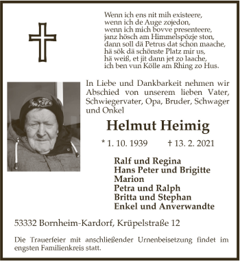 Anzeige von Helmut Heimig von  Schlossbote/Werbekurier 