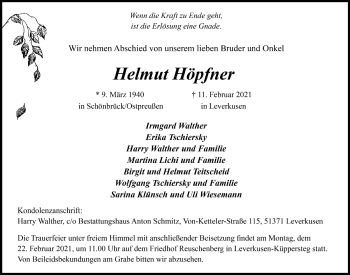 Anzeige von Helmut Höpfner von  Lokale Informationen 