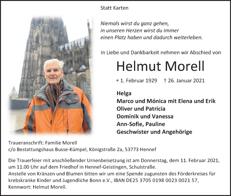  Traueranzeige für Helmut Morell vom 06.02.2021 aus Kölner Stadt-Anzeiger / Kölnische Rundschau / Express