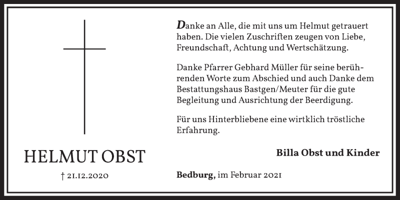 Traueranzeige für Helmut Obst vom 12.02.2021 aus  Werbepost 