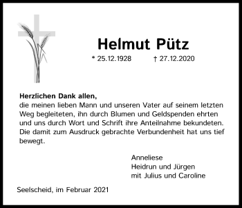 Anzeige von Helmut Pütz von Kölner Stadt-Anzeiger / Kölnische Rundschau / Express