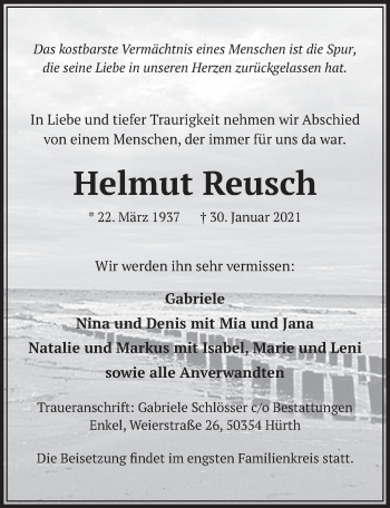 Anzeige von Helmut Reusch von  Wochenende 