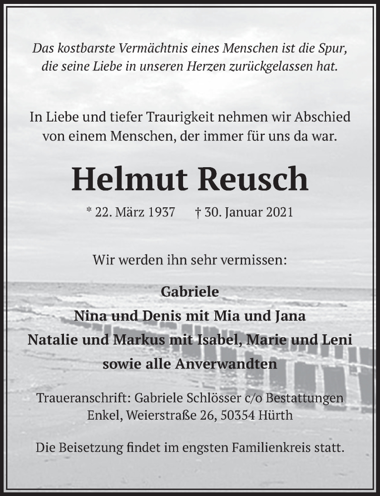  Traueranzeige für Helmut Reusch vom 12.02.2021 aus  Wochenende 