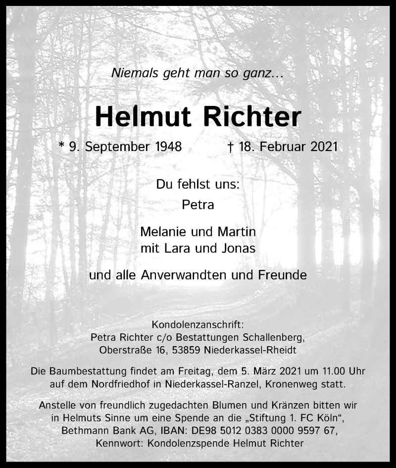  Traueranzeige für Helmut Richter vom 26.02.2021 aus Kölner Stadt-Anzeiger / Kölnische Rundschau / Express