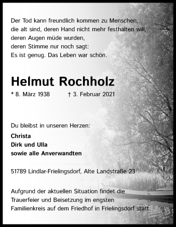 Anzeige von Helmut Rochholz von Kölner Stadt-Anzeiger / Kölnische Rundschau / Express