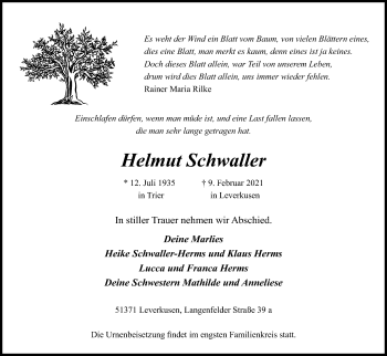 Anzeige von Helmut Schwaller von Kölner Stadt-Anzeiger / Kölnische Rundschau / Express