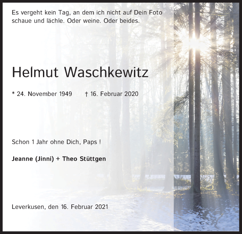  Traueranzeige für Helmut Waschkewitz vom 16.02.2021 aus Kölner Stadt-Anzeiger / Kölnische Rundschau / Express