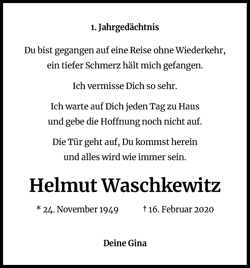  Traueranzeige für Helmut Waschkewitz vom 16.02.2021 aus Kölner Stadt-Anzeiger / Kölnische Rundschau / Express