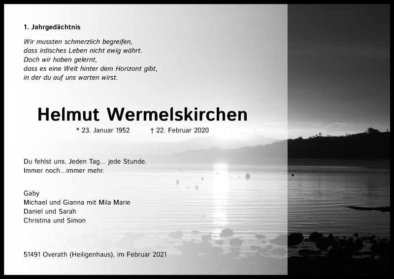  Traueranzeige für Helmut Wermelskirchen vom 20.02.2021 aus Kölner Stadt-Anzeiger / Kölnische Rundschau / Express
