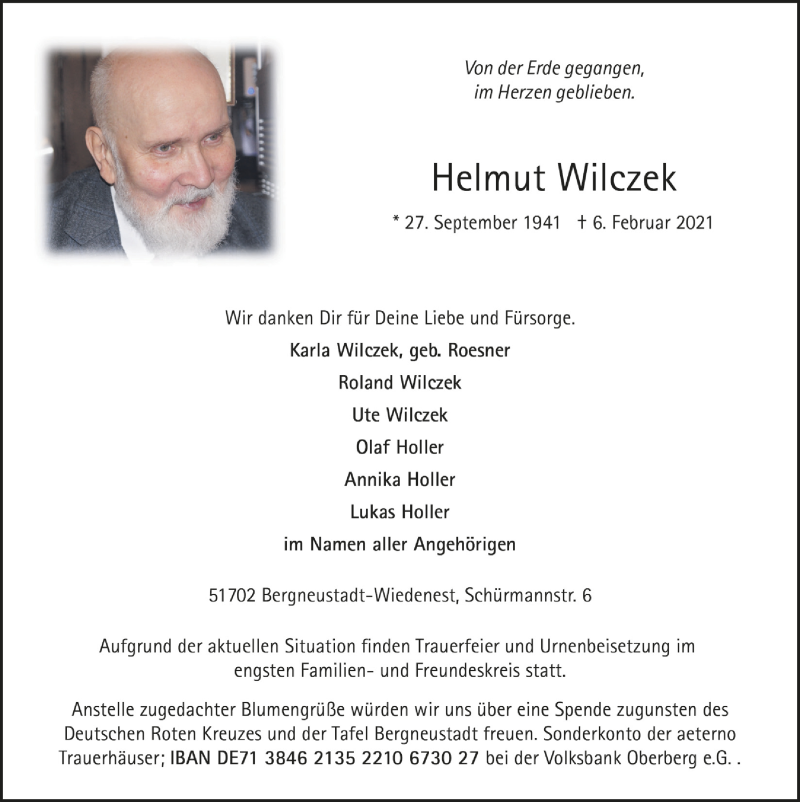  Traueranzeige für Helmut Wilczek vom 12.02.2021 aus  Anzeigen Echo 