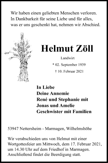 Anzeige von Helmut Zöll von Kölner Stadt-Anzeiger / Kölnische Rundschau / Express
