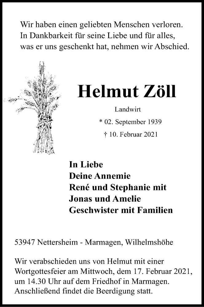  Traueranzeige für Helmut Zöll vom 13.02.2021 aus Kölner Stadt-Anzeiger / Kölnische Rundschau / Express