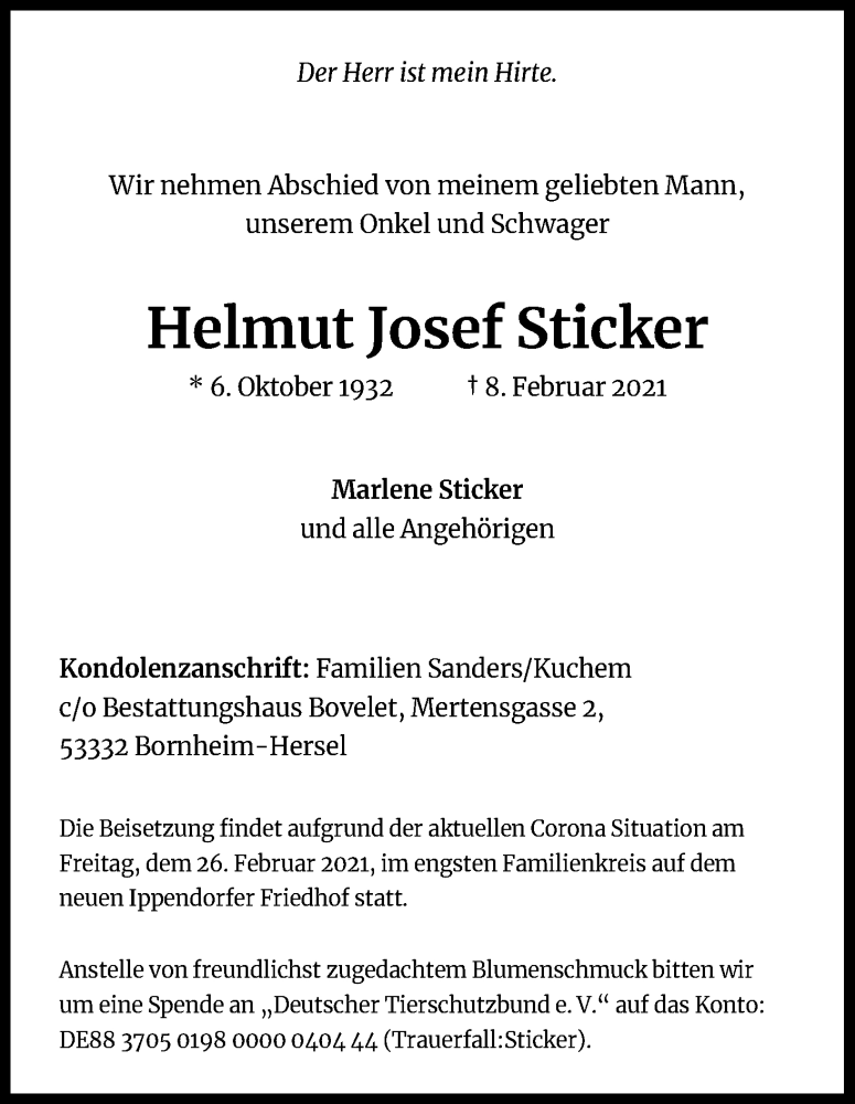  Traueranzeige für Helmut Josef Sticker vom 20.02.2021 aus Kölner Stadt-Anzeiger / Kölnische Rundschau / Express