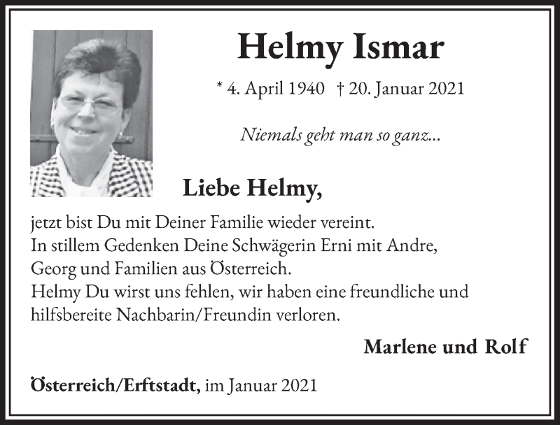  Traueranzeige für Helmy Ismar vom 19.02.2021 aus  Werbepost 
