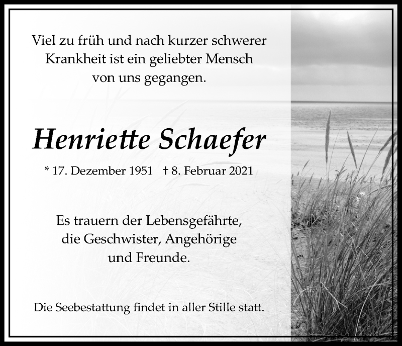  Traueranzeige für Henriette Schaefer vom 20.02.2021 aus Kölner Stadt-Anzeiger / Kölnische Rundschau / Express