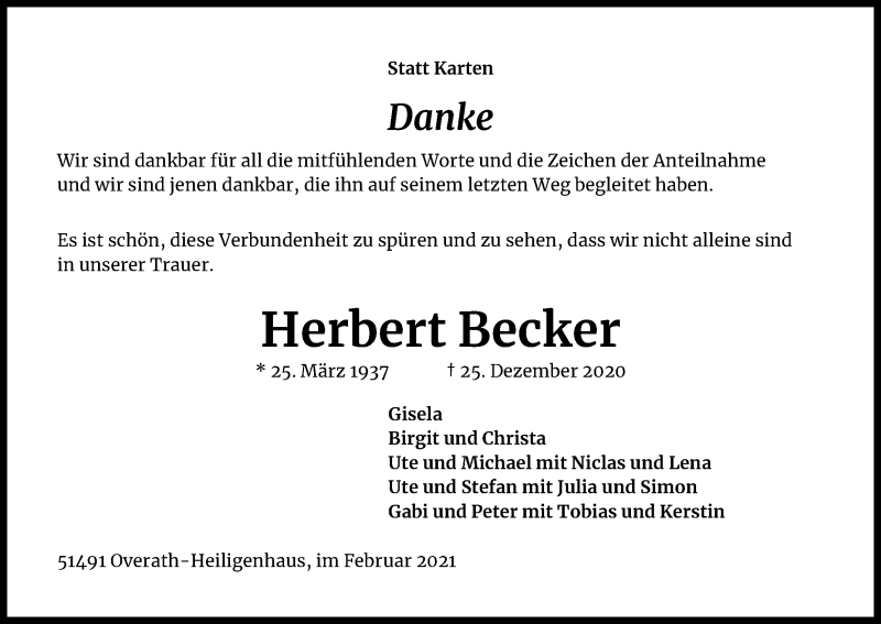  Traueranzeige für Herbert Becker vom 20.02.2021 aus Kölner Stadt-Anzeiger / Kölnische Rundschau / Express