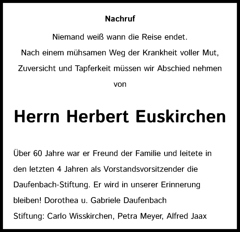  Traueranzeige für Herbert Euskirchen vom 06.02.2021 aus Kölner Stadt-Anzeiger / Kölnische Rundschau / Express