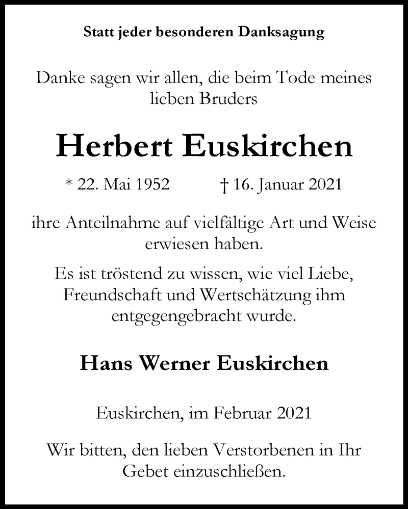  Traueranzeige für Herbert Euskirchen vom 06.02.2021 aus  Blickpunkt Euskirchen 