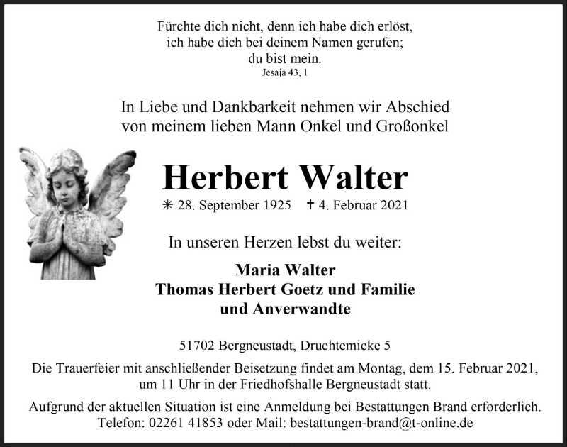  Traueranzeige für Herbert Walter vom 12.02.2021 aus  Anzeigen Echo 