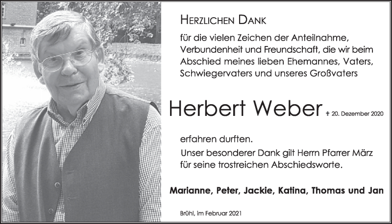  Traueranzeige für Herbert Weber vom 05.02.2021 aus  Schlossbote/Werbekurier 
