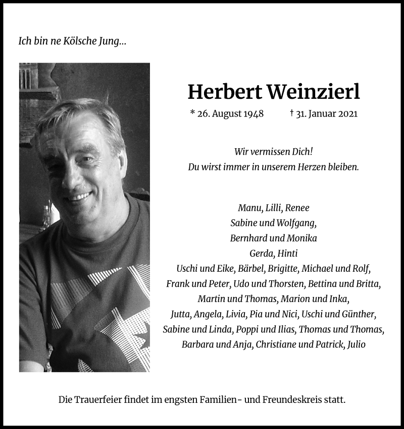  Traueranzeige für Herbert Weinzierl vom 13.02.2021 aus Kölner Stadt-Anzeiger / Kölnische Rundschau / Express