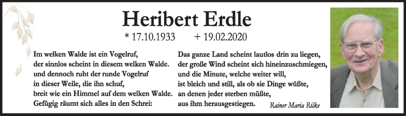  Traueranzeige für Heribert Erdle vom 19.02.2021 aus  Schlossbote/Werbekurier 