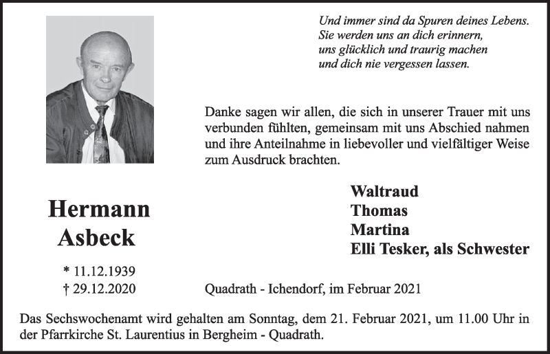  Traueranzeige für Hermann Asbeck vom 05.02.2021 aus  Werbepost 