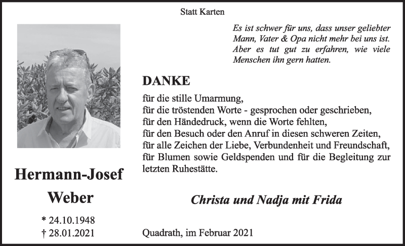  Traueranzeige für Hermann-Josef Weber vom 26.02.2021 aus  Werbepost 
