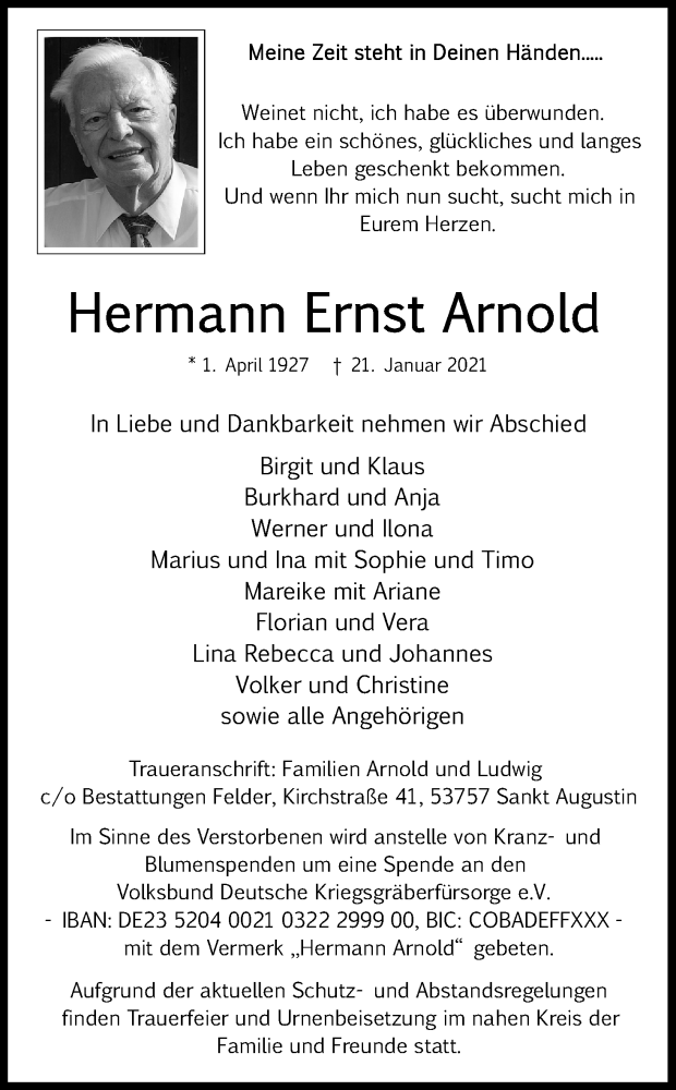  Traueranzeige für Hermann Ernst Arnold vom 27.02.2021 aus Kölner Stadt-Anzeiger / Kölnische Rundschau / Express