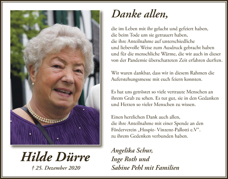  Traueranzeige für Hilde Dürre vom 12.02.2021 aus  Bergisches Handelsblatt 