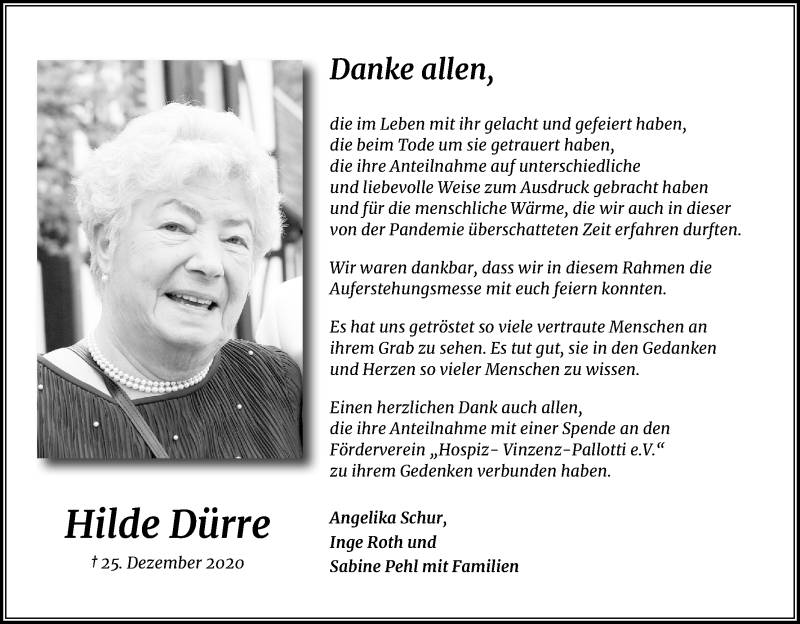  Traueranzeige für Hilde Dürre vom 13.02.2021 aus Kölner Stadt-Anzeiger / Kölnische Rundschau / Express