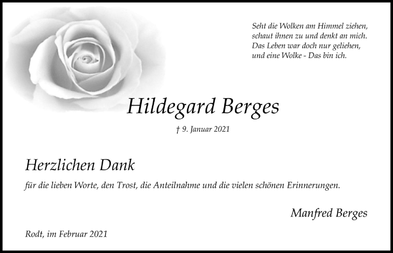  Traueranzeige für Hildegard Berges vom 12.02.2021 aus  Anzeigen Echo 