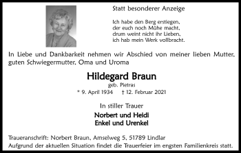 Anzeige von Hildegard Braun von Kölner Stadt-Anzeiger / Kölnische Rundschau / Express