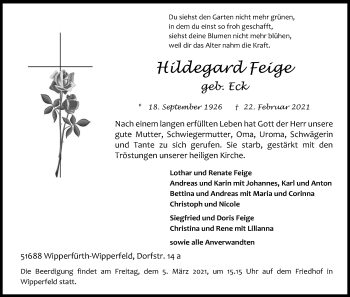 Anzeige von Hildegard Feige von Kölner Stadt-Anzeiger / Kölnische Rundschau / Express
