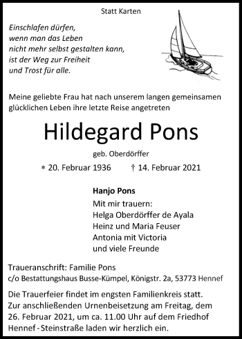 Anzeige von Hildegard Pons von Kölner Stadt-Anzeiger / Kölnische Rundschau / Express