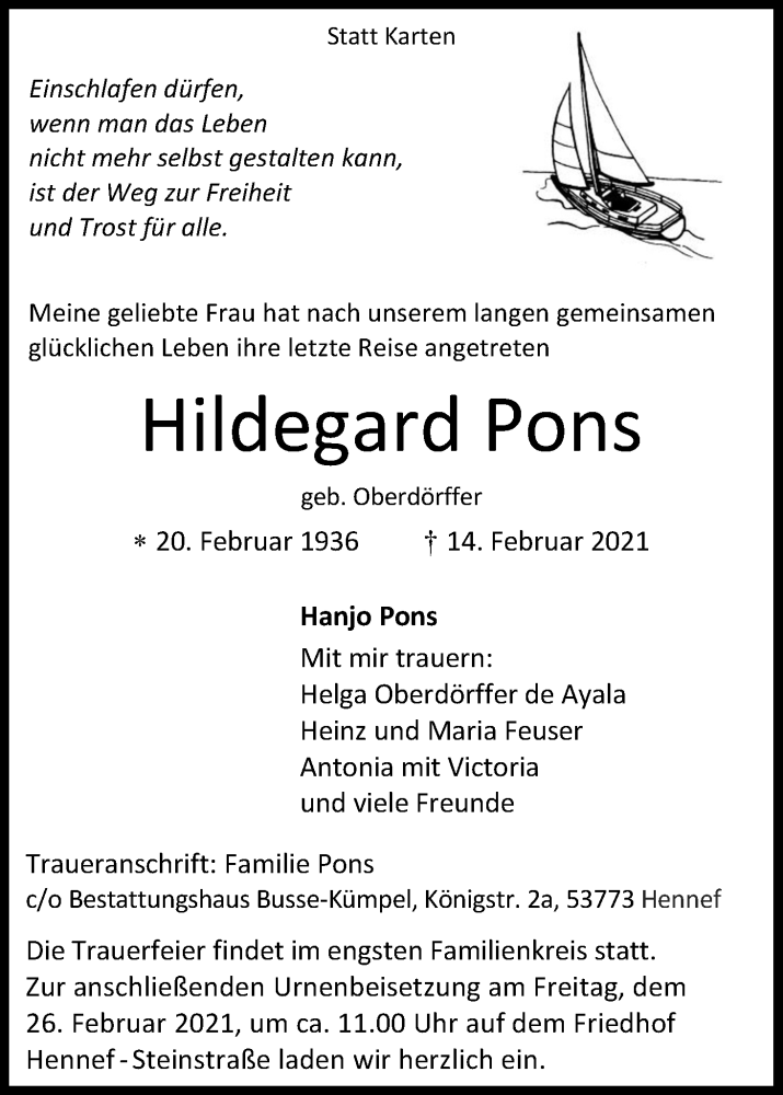 Traueranzeige für Hildegard Pons vom 20.02.2021 aus Kölner Stadt-Anzeiger / Kölnische Rundschau / Express