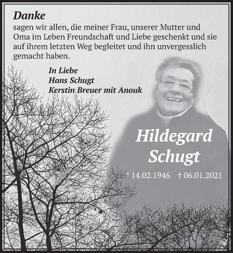  Traueranzeige für Hildegard Schugt vom 19.02.2021 aus  Werbepost 