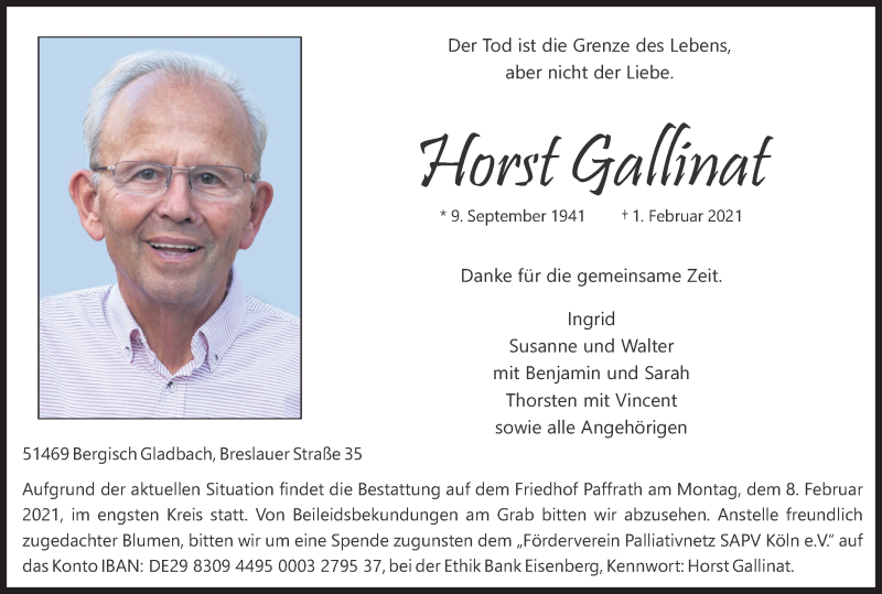  Traueranzeige für Horst Gallinat vom 06.02.2021 aus Kölner Stadt-Anzeiger / Kölnische Rundschau / Express