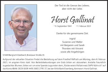 Anzeige von Horst Gallinat von Kölner Stadt-Anzeiger / Kölnische Rundschau / Express