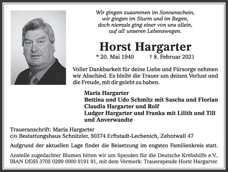  Traueranzeige für Horst Hargarter vom 12.02.2021 aus  Werbepost 