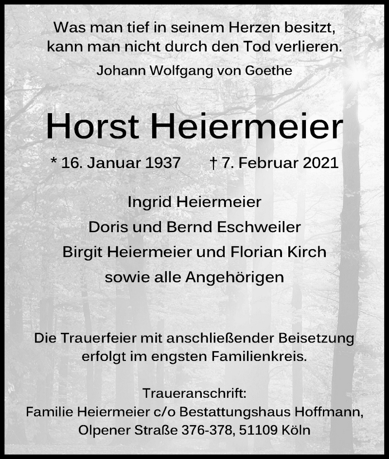  Traueranzeige für Horst Heiermeier vom 13.02.2021 aus Kölner Stadt-Anzeiger / Kölnische Rundschau / Express